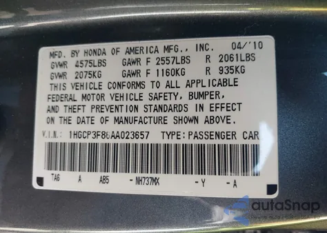 2010 Honda Accord 3.5 Ex-L from USA, damaged, VIN 1HGCP3F86AA023657